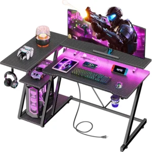 40 Inch Gaming Desk with Power Outlet & LED Lights